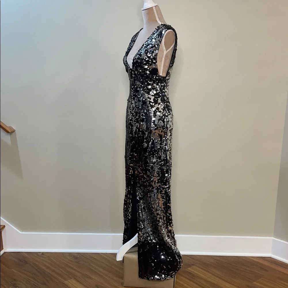 Rachel Zoe Black & Silver Sequin Sleeveless Plunge Neckline Women’s Dress - Picture 6 of 12